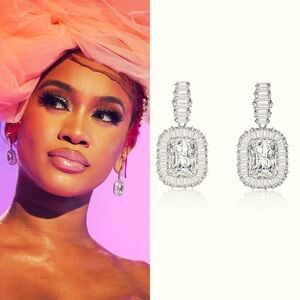 NEW White Gold-Plated Stacked Diamond Simulant Emerald Baguette Drop Earrings